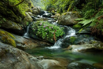 Secluded mountain stream flowing through lush greenery  