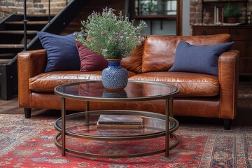 Round coffee table with metal frame and glass top, featuring two storage shelves and a vase with flowers, displayed in front of a brown leather couch.