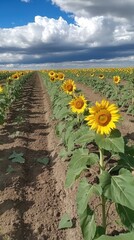 Obraz premium Vibrant sunflower field under a dramatic sky creating a picturesque rural scene with rows of bright yellow flowers against a backdrop of moody clouds and blue sky