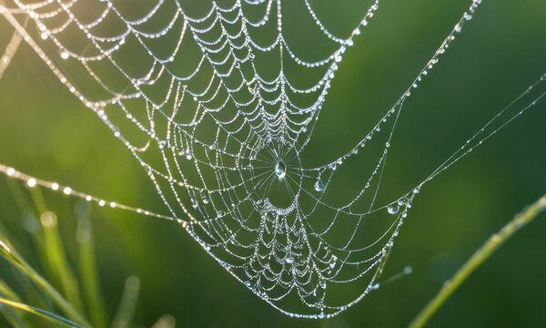 A close-up shot of a spider web covered in water droplets, great for backgrounds or textures