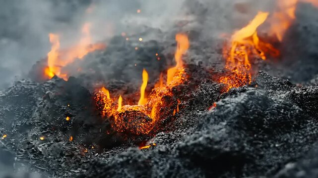 Close-up of smoldering ash and embers with glowing orange flames