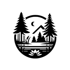Obraz premium Minimalist Nature Emblem: Trees, Mountains, Crescent Moon, Lake