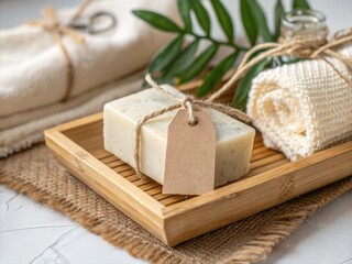 Fototapeta premium Label with Twine Mockup. Natural soap on a wooden tray with towels and greenery for a spa-like atmosphere.