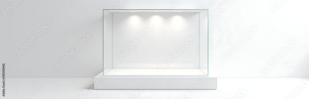 Poster Simple white platform with glass display case set against a minimalist background for showcasing modern designs freely._00001_