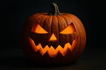 Naklejka premium Halloween Pumpkin Jack-O'-Lantern with Candlelight Glow on Dark Background for Spooky Seasonal Decoration and Halloween Celebrations