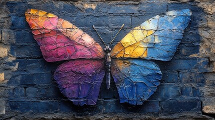 Colorful mosaic butterfly artwork on a dark brick wall.