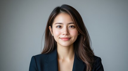 Obraz premium Professional portrait of a smiling young East Asian business woman wearing a black blazer against a neutral grey background.