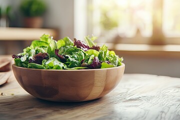 Fresh salad in a wooden bowl on a table, sunlight streaming in  Freshly prepared mix of greens, healthy eating