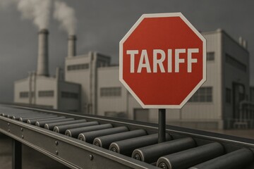 Import Tariffs trade impact concept. Red stop sign labeled "TARIFF" in front of an industrial setting.