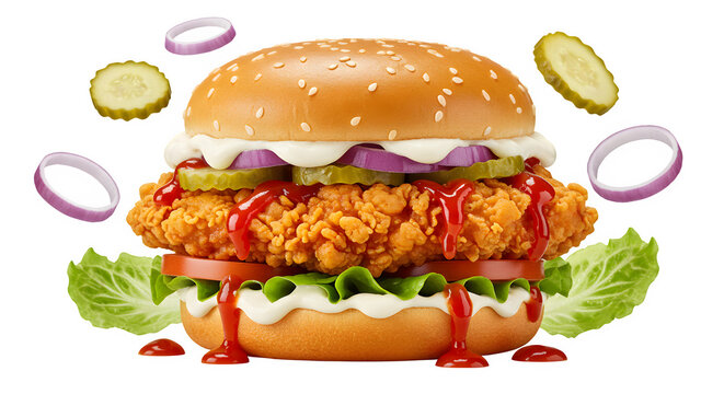 Delicious Fried chicken burger with lettuce, onions, mayonnaise sauce, cheese. Crispy Chicken burger isolated on white background. Closeup of Zinger burger isolated.