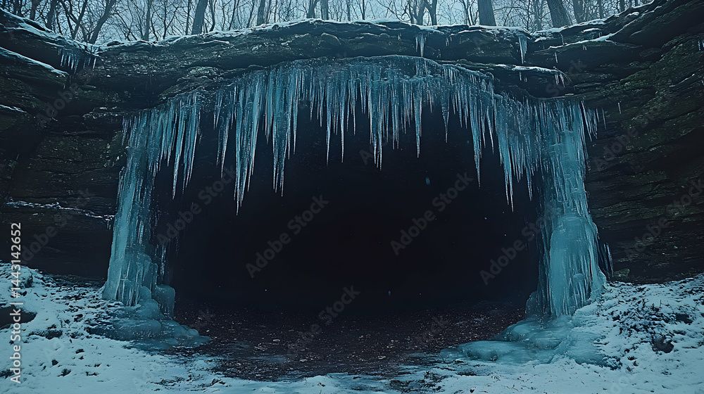 Poster enchanting winter scene of a dark cave entrance adorned with numerous icicles, creating a magical an