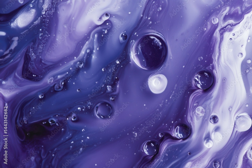 Poster captivating close up of vibrant purple and white fluid art with mesmerizing bubbles creating a dream