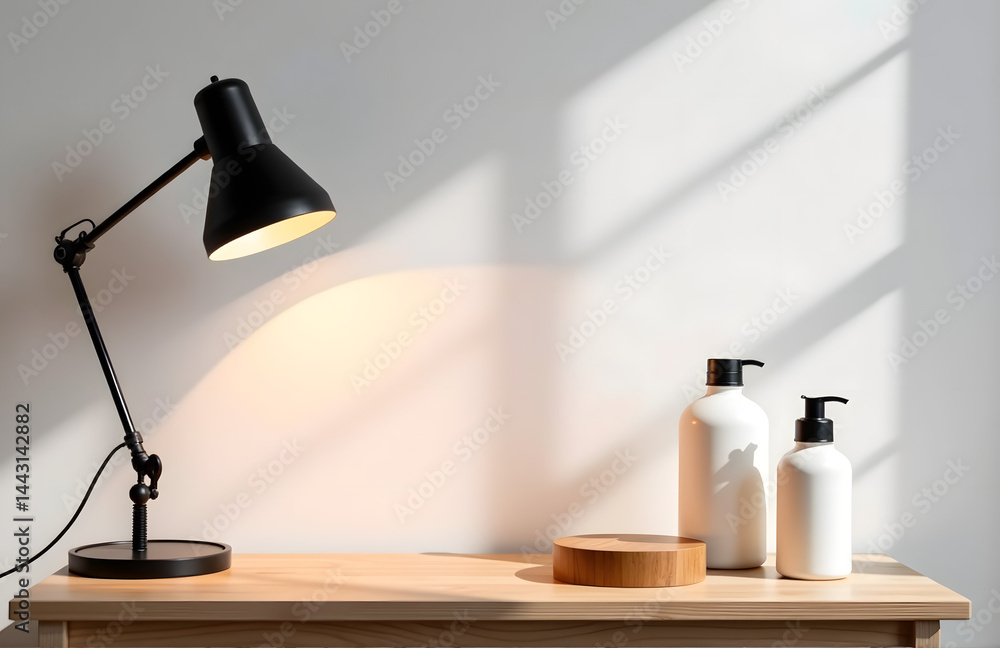 Poster stylish wooden table setup under spotlight provides a sleek background for showcasing products in a 