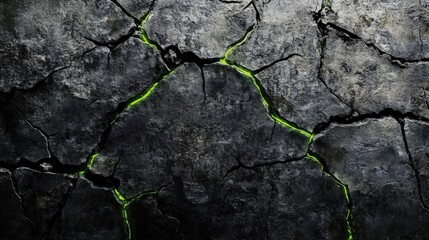 Obraz premium Cracked stone surface with glowing green veins, showcasing a mystical underground scene
