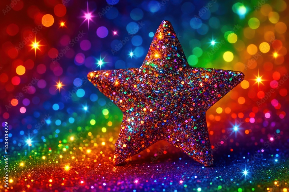 Poster glittering star with vibrant rainbow sparkles and bokeh lights creating a magical and colorful abstr