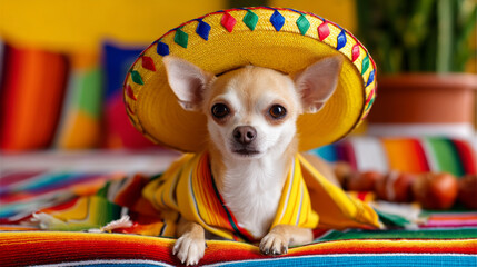 Colorful chihuahua dog wearing sombrero and poncho lying on vibrant Mexican blanket