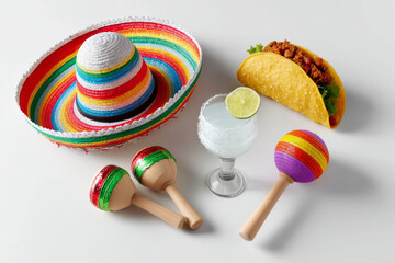 Colorful sombrero, maracas, taco, margarita and lime evoke festive Cinco de Mayo celebration