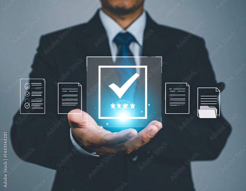 Poster business compliance of document management. document or file icons and checkmark. businessman stored