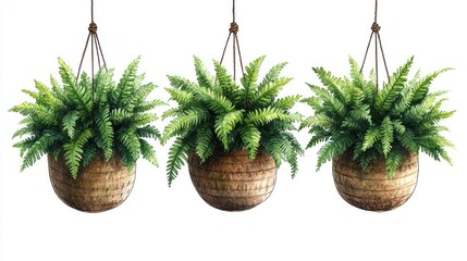 Three watercolor illustrations of hanging ferns in round brown pots.