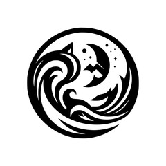 Yin Yang Wolf Moon & Stars Graphic Icon - Black and White Symbol