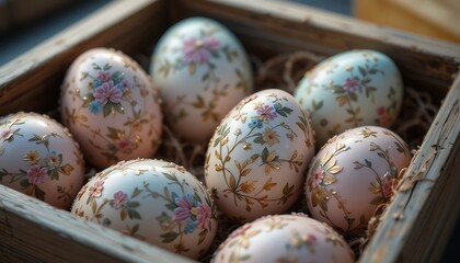 Obraz premium Decorated Eggs in a Rustic Wooden Box with Floral Design