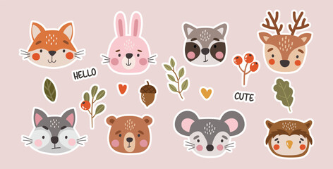 Wild animals set isolated, cute forest animals, kids cartoon illustration, stickers