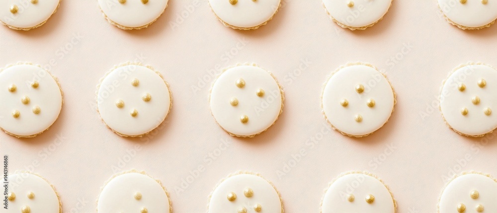 Poster elegant sugar cookies with white icing and golden sprinkles arranged in a pattern on a soft pink bac