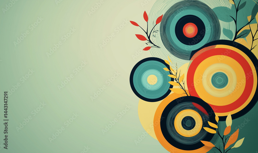 Poster colorful circular patterns intertwined with leaves on a soft background create a vibrant, abstract d