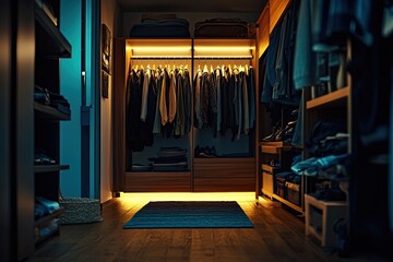 Well-lit walk-in closet at night, clothes on hangers and shelves, warm lighting, organized, modern design