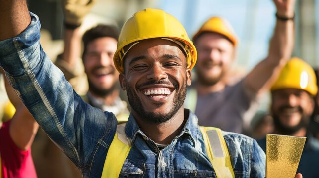 A team of workers cheering as they receive an award