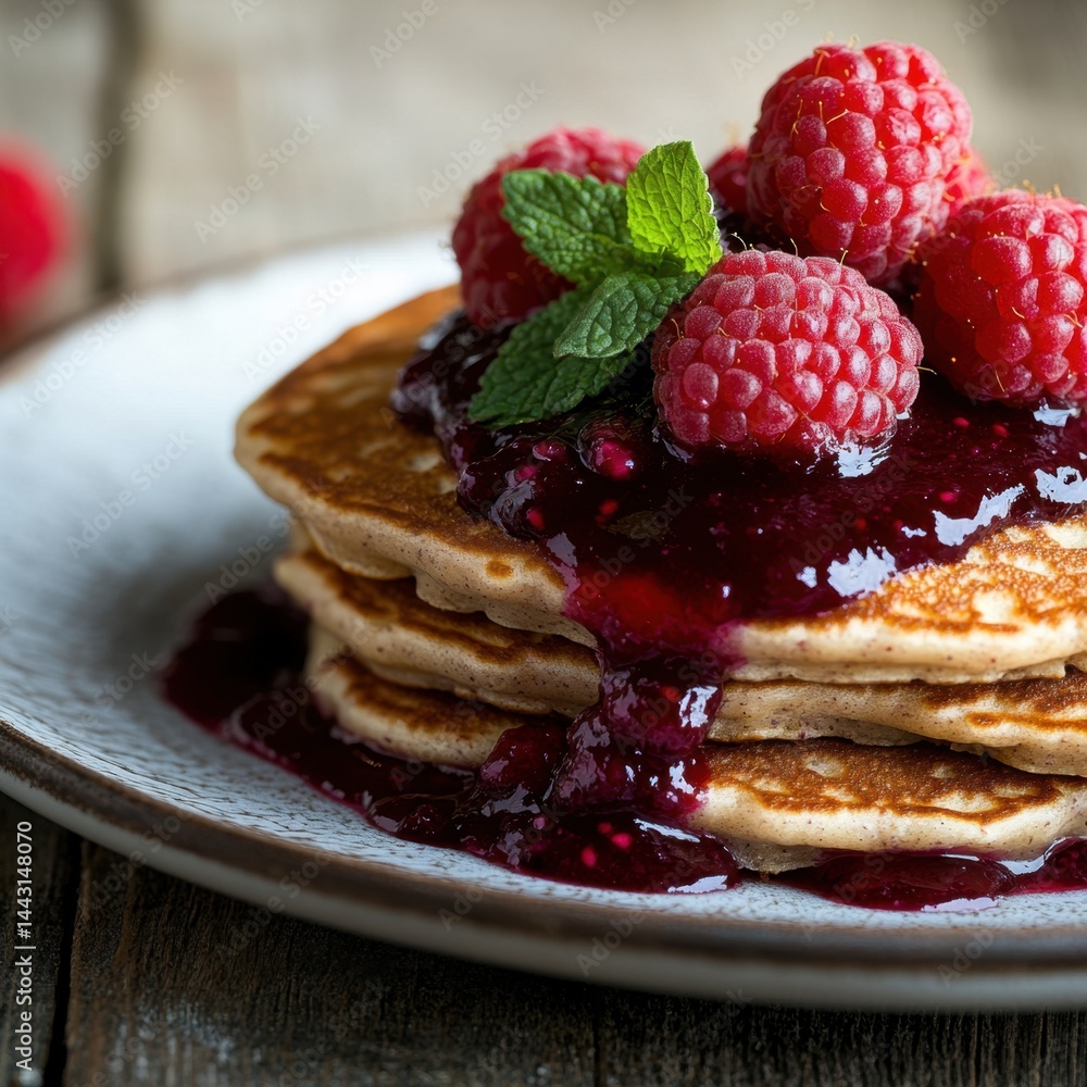 Poster stack of delicious pancakes with raspberry sauce and mint garnish on rustic wooden table close up