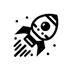 Black and White Cartoon Rocket Ship Icon, Space Travel Concept