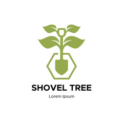 Tree shovel logo design, garden spade icon isolated on white background..