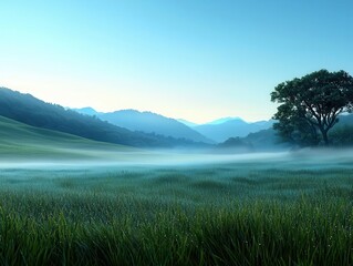 Obraz premium Breathtaking layers of mist drifting over a peaceful meadow, soft dewdrops glistening in the morning light