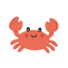 Cute smiling cartoon crab with red claws and happy face. Flat vector marine animal illustration for kids, ocean designs and underwater themes. 