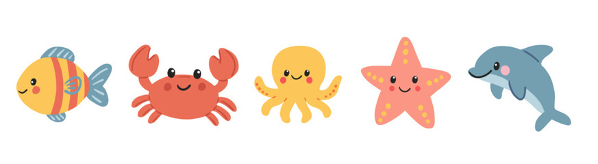 Cute sea animals collection with smiling starfish, fish, octopus, crab and dolphin in flat style. Flat vector illustration for kids and marine themes. 
