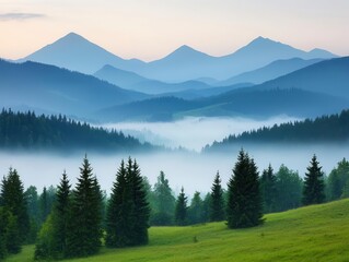 A breathtaking mountain meadow veiled in soft morning fog, glowing under the first rays of light