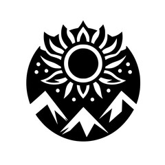 Black & White Nature Logo: Sun, Mountains, & Floral Element