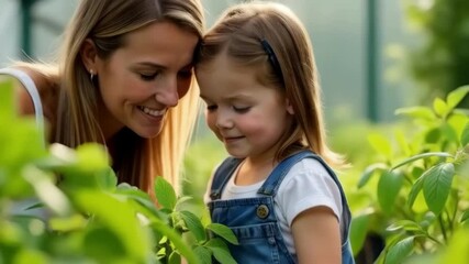A mother and daughter share a joyful moment in the garden, enjoying time together while appreciating the beauty of nature
