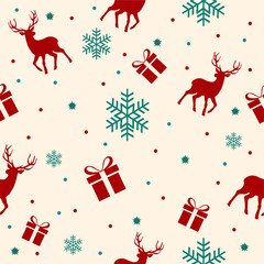 Playful seamless Christmas pattern featuring red reindeer, gift boxes, snowflakes, and small dots on a cream background in a flat festive style.