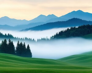 Breathtaking layers of fog flowing through a quiet meadow, soft sunlight illuminating the dewdrops