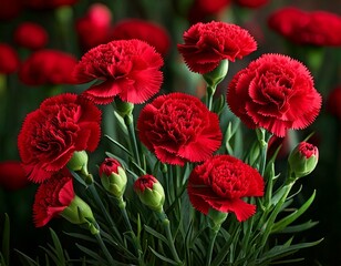 Fototapeta premium Panoramic view with carnation schabaud. Set red flowers, green stems