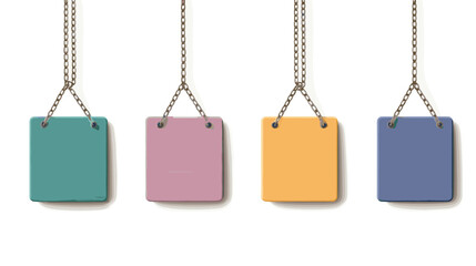 Four Blank Square Signs Hanging on Chains Against White Background