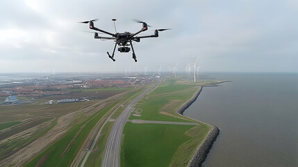 Drone flying over rural landscape with wind turbines