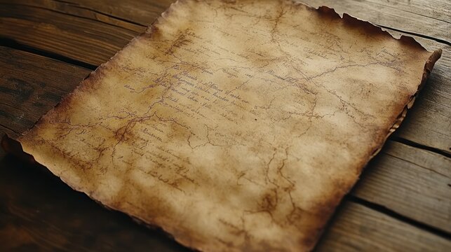 Aged parchment map on wooden table