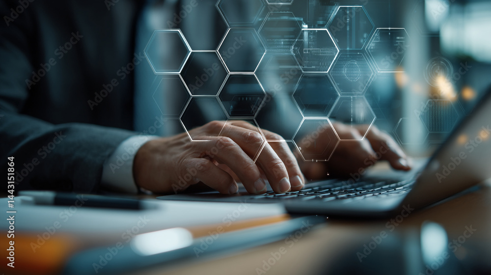Poster businessman working on laptop with futuristic hexagon interface digital technology data network onli