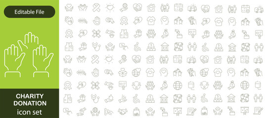 Charity and Donation set of web icons in line style. Volunteering and donation icons for web and mobile app. Help, caring, solidarity, alms, donate, volunteer, care, charity and more. Editable stroke