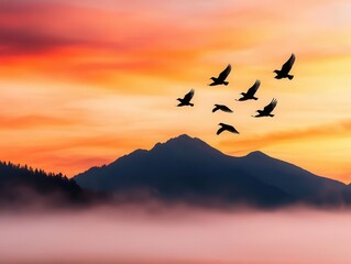 Obraz premium A flock of birds flying above a breathtaking foggy meadow, early morning light casting a golden glow