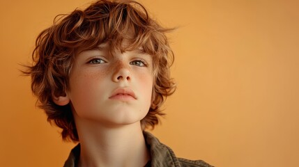 photo portrait of a handsome young model teen boy looking forward. child ad with copy space, cute, kids, children