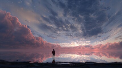 Fototapeta premium Sunset reflection over a tranquil lake with vibrant clouds and a solitary figure gazing into the horizon
